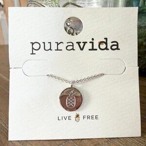 Pura Vida RETIRED Silver Pineapple Aloha Necklace Reversible Pendant 16-20" Adj